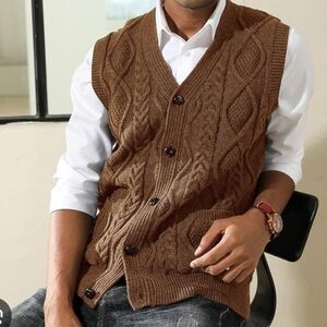Paul Jones PJ Cable Knit Vest Men's XL Brown Pockets Grandpacore Academia NWT